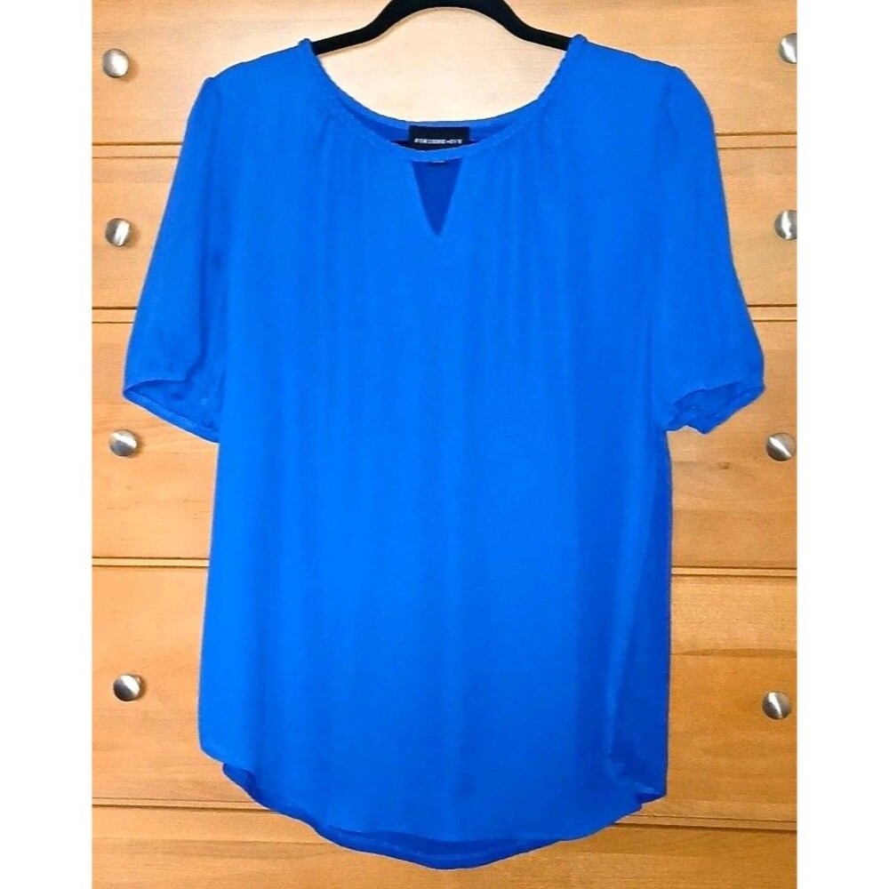 Fortune + Ivy Womens L Solid Blue Chiffon Keyhole Puff Short Sleeve Blouse Top